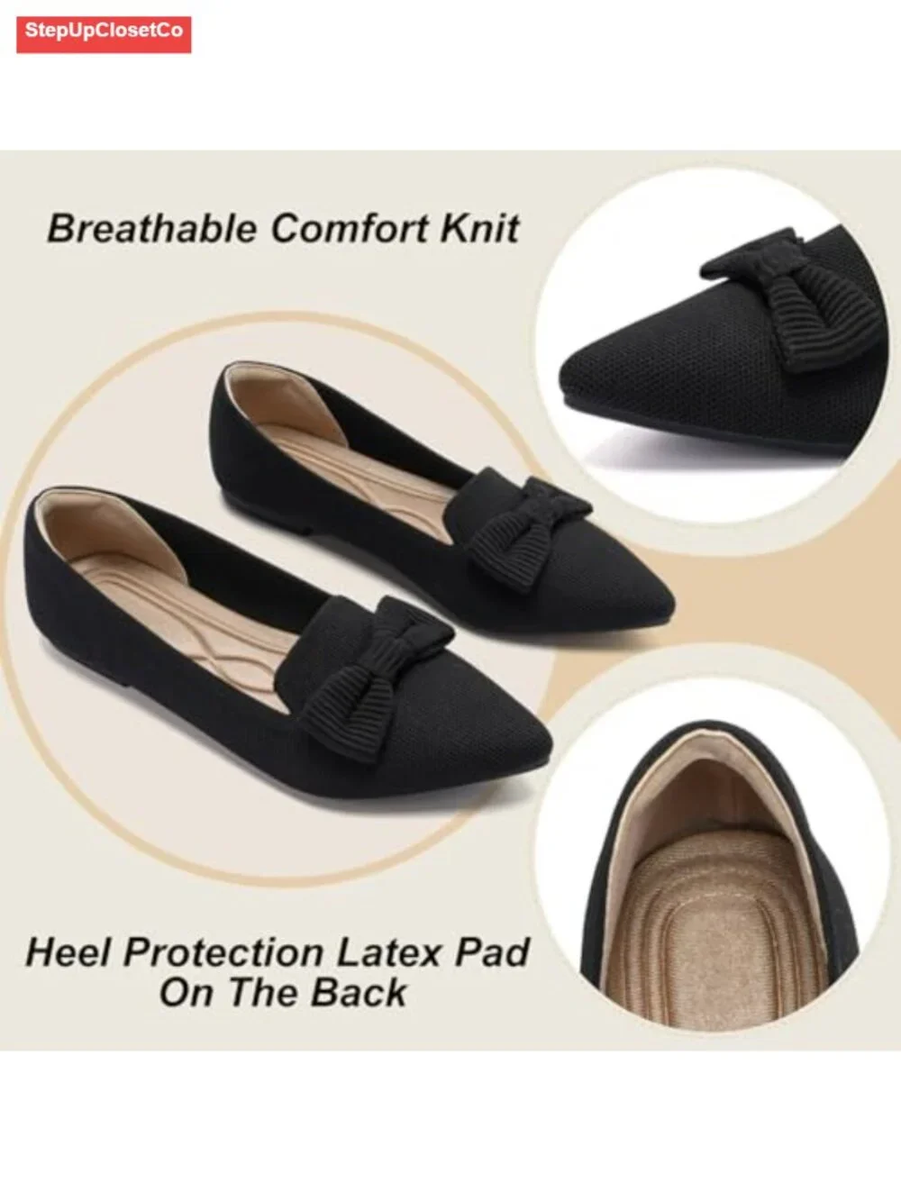 Mesh Ballet Flats with Bow Pointed Toe Breathable Knit for Work Office Dressy